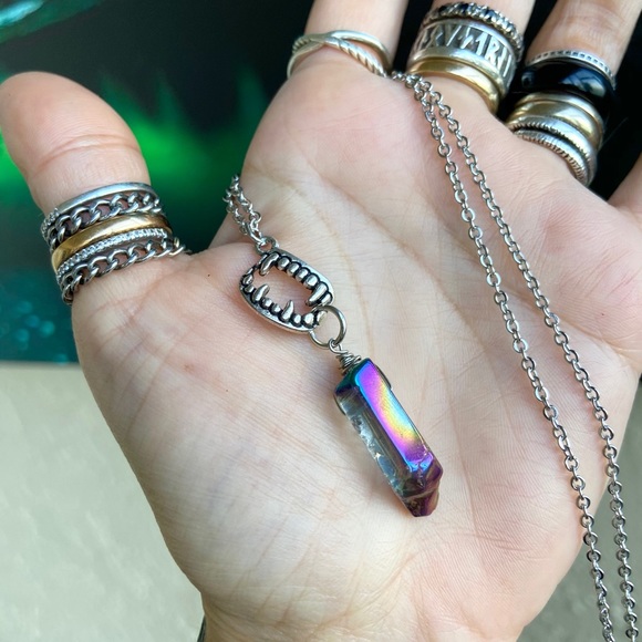 Vampire crystal necklace . Titanium aura crystal & vampire fangs teeth necklace - Picture 10 of 11